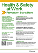 Title: Poster: Health & Safety at Work - Prevention Starts Here - Description: The poster describes workers' health and safety rights and responsibilities and the responsibilities of the employers.